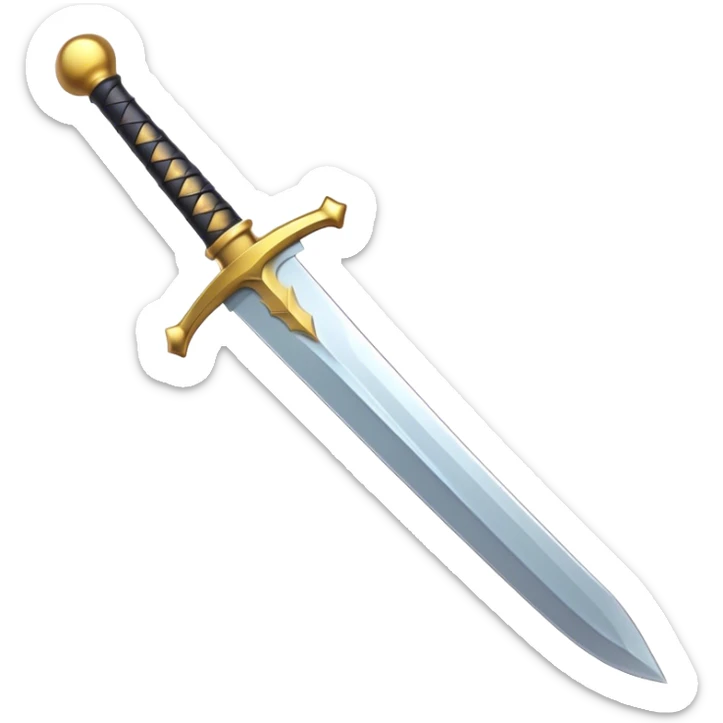 Clash of Clans aesthetic: Cinematic Playful 3D Isometric Sword Emoji, rendered in a 3D vector-style similar to standard emojis with minimal shading and bold, simplified shapes. A compact, distinct form with signature details, softly glowing with a fantasy RPG magic charm. Simplified yet unmistakably iconic, highly detailed and consistent, glowing with a soft radiance and high shine. Stylized with a touch of heroic grandeur and a soft glowing outline, capturing the essence of a beloved gaming relic with a friendly, playful manner! sticker