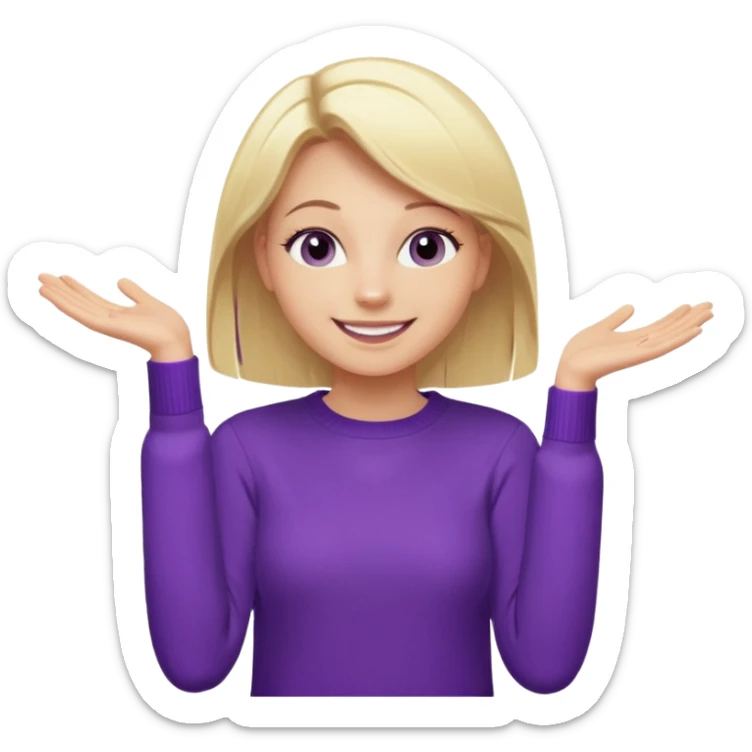 Emoji-style illustration of a joyful young woman, smooth, shiny, perfectly styled blonde hair, wearing a purple sweater, smiling widely with eyes sparkling, expressing happiness and excitement, cartoonish, expressive, simple lines, flat colors, clear silhouette sticker