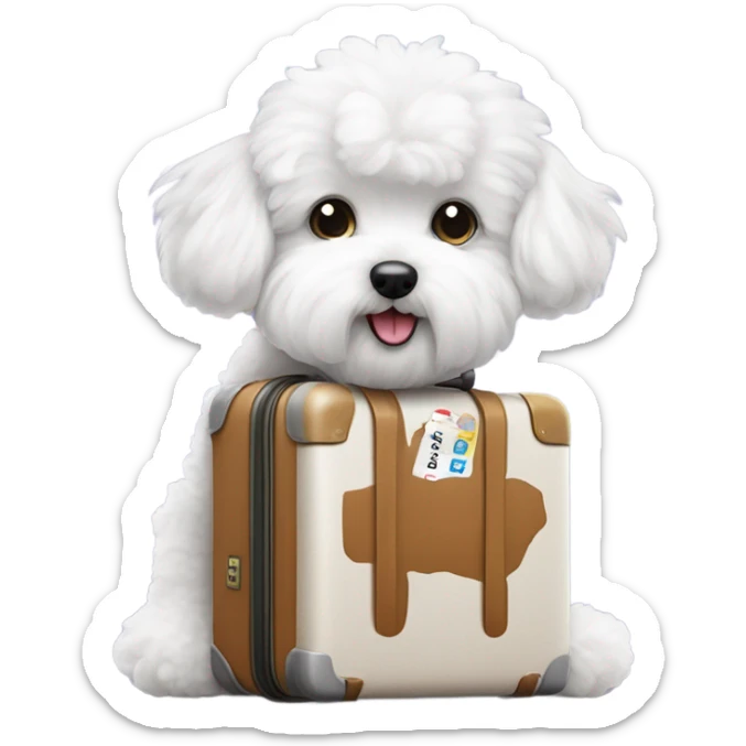 A world traveler, Bichon Frise, with a suitcase filled with iconic places stickers on the suitcase  sticker