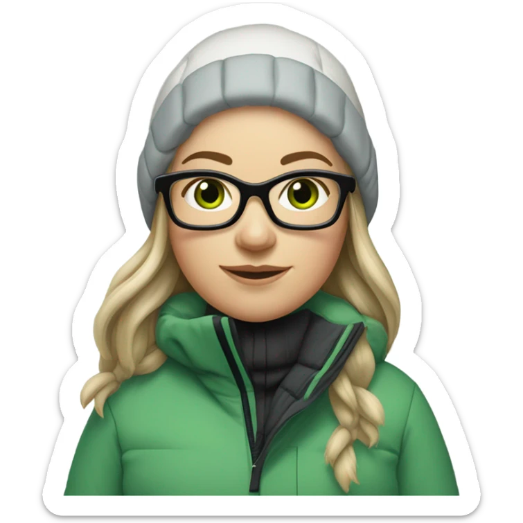 Green-eyed, slightly overweight female skier with long straight hair, glasses, light grey snow jacket, long black pants, black only snow boots, wearing black skis standing tall. sticker