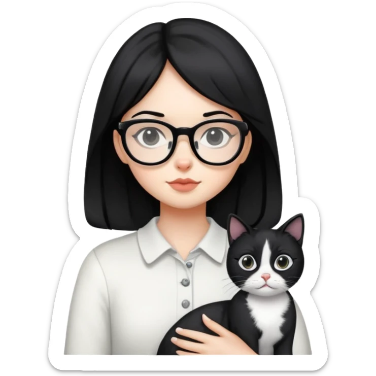 Girl with black hair wearing glasses holding a black and white cat sticker