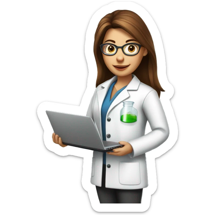 Female scientist with brown straight hair, round glasses, lab coat, holding a beaker and a laptop with a growth chart. Include elements of science and marketing sticker