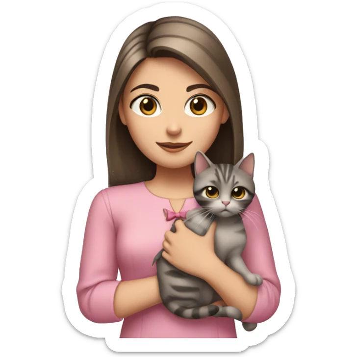 Brunette girl with straight hair in a pink blouse, holding a gray, striped, brown-eyed cat with a bow in her arms sticker