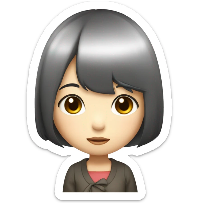 a cute Japanese little girl, with a straight-bob black hair, puffed cute face, her hands touching her left cheek, sad face looking down thinkig sticker