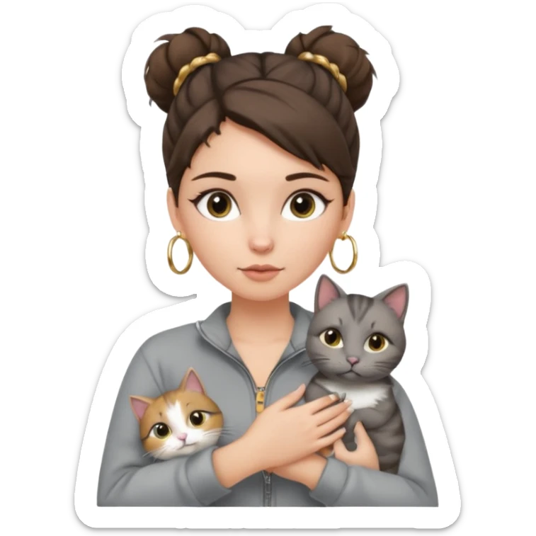 a white girl with brunette hair in a messy bun holding a grey cat. the girl has long lashes and has on a grey zip up that is half way zipped and under a white shirt and gold jewelry that is hoop earrings and gold bracelets. sticker