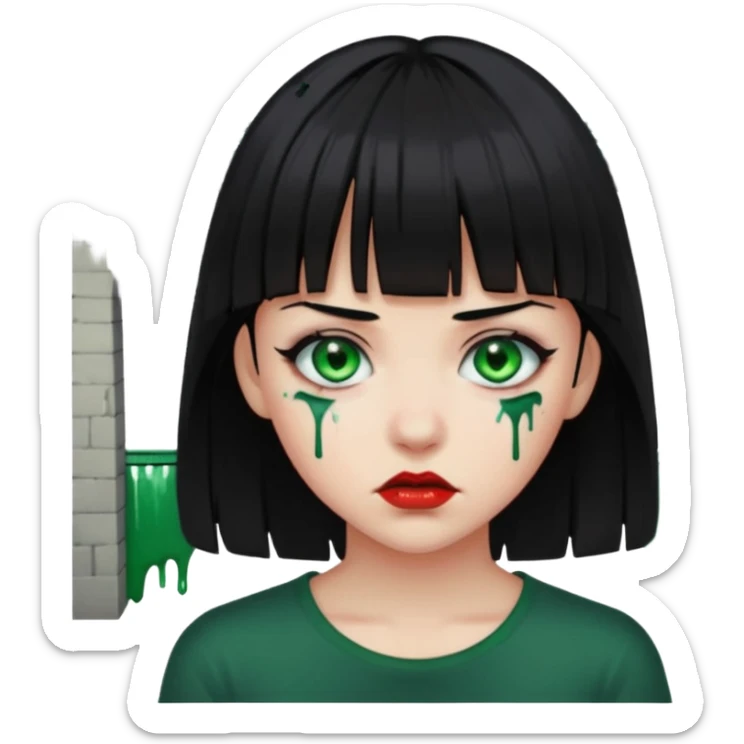 Guria com cabelo preto franjinha sangrando olhos verdes  fundo preto e um piercing bridgepiercing sticker