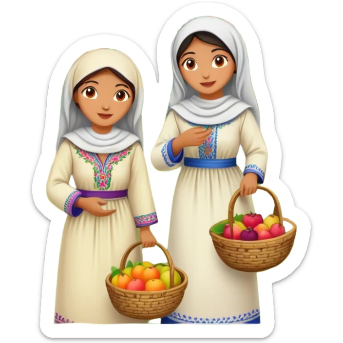 Palestinian women dressed in traditional embroidered thobes harvesting fruit in an orchard. Their vibrant and intricately designed dresses reflect deep heritage, while their coordinated efforts collecting fruit in a woven basket sticker