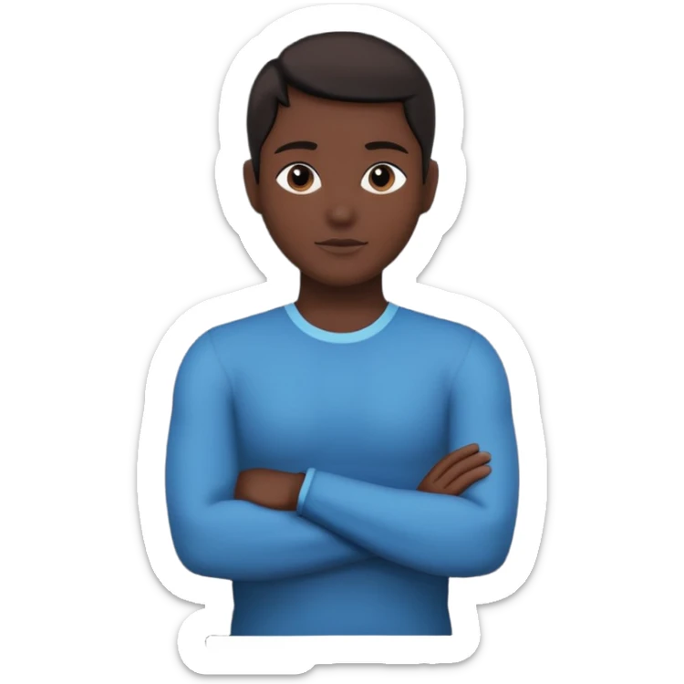 Minimalist human silhouette, upper body only, arms crossed, no facial features, solid dark shape, flat icon style, centered, transparent background sticker