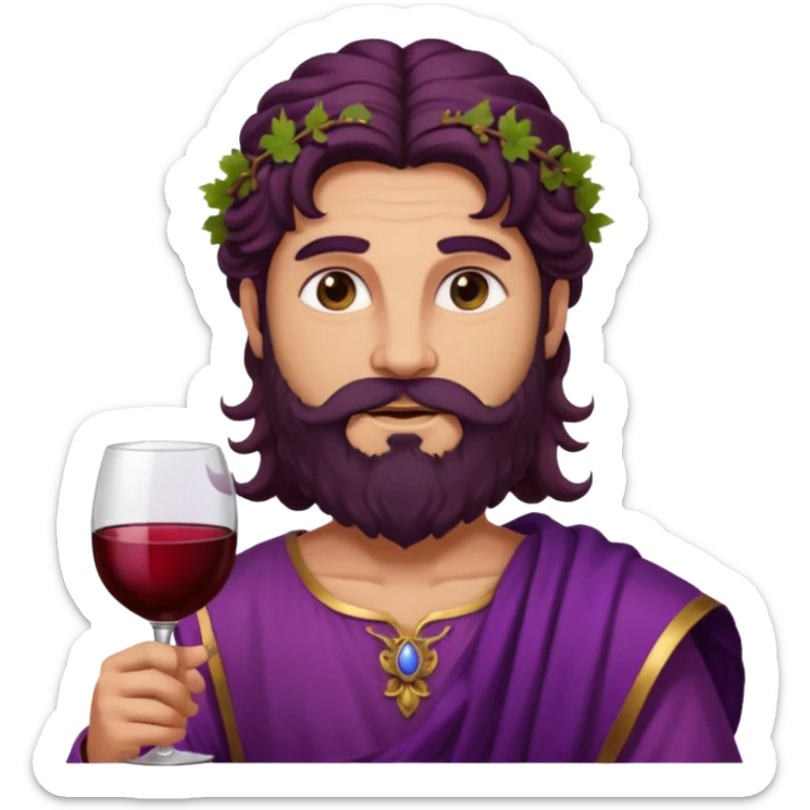 Bacchus, Wine God from Rome Mythology with long dark brown hair and beard, purple and burgundy outfit, sticker