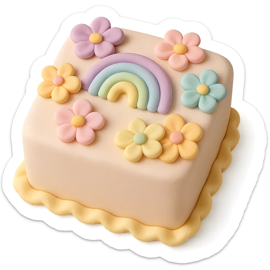 square fondant cake with rainbow flowers sticker