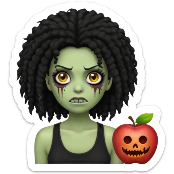 a female zombie with sage green skin, black long afro hair, eyelashes and a black tank top in apple emoji style sticker