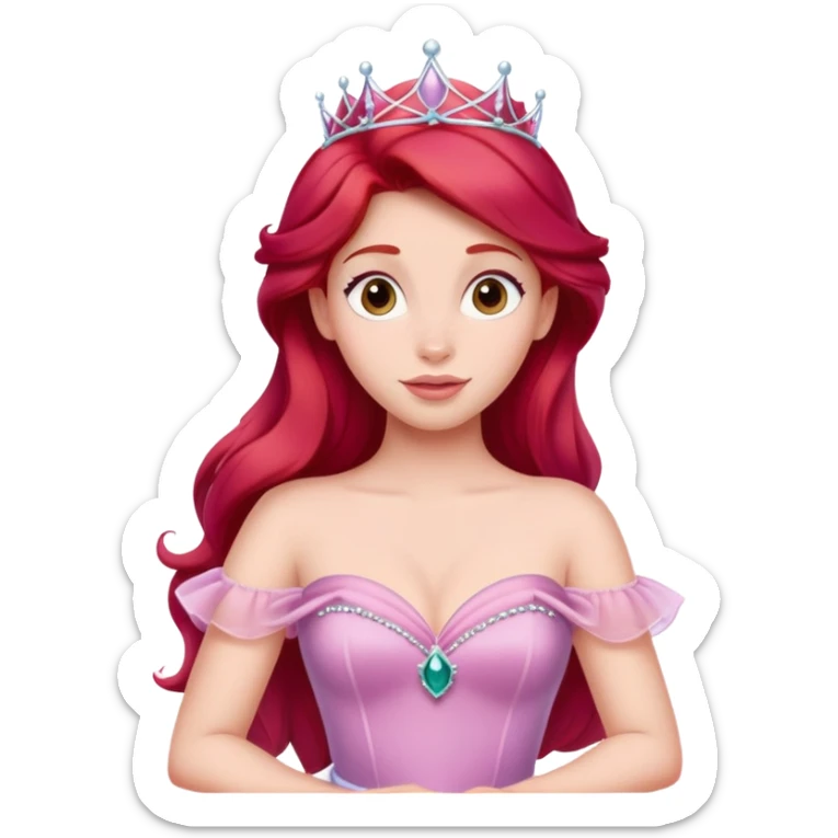 Disney human Ariel with red hair wearing a pink princess dress and tiara sticker