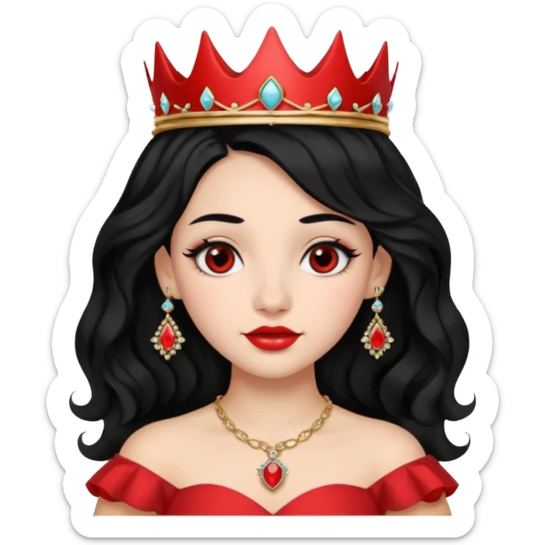 una chica con el pelo negro y un poquiiito rojo , ojos negros nariz con un arito en forma de argolla y labios intermedios con el pelo con ondas tipo peluquería y una corona utilizando un vestido blanco de quinceañera .  sticker