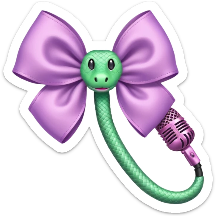 A pastel pink bow with a pastel green snake on the top of one side and a pastel purple microphone on the bottom of the other side sticker