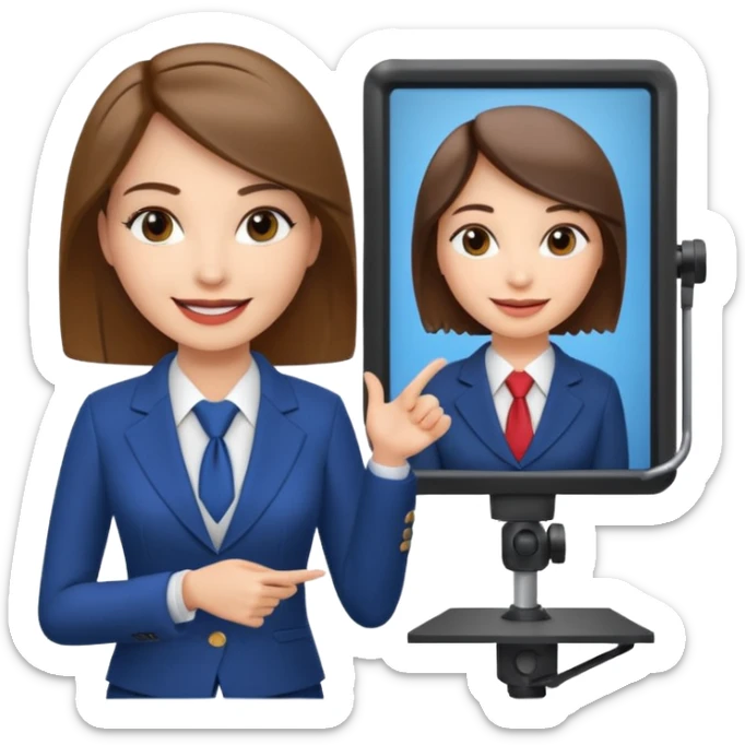 news anchor woman, with a screen with a prompter in front of her sticker