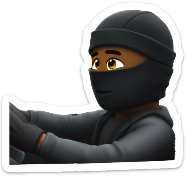 Side POV of a white roadman in a black ski mask driving a sports car, city streets blurred in the background, intense and focused expression sticker