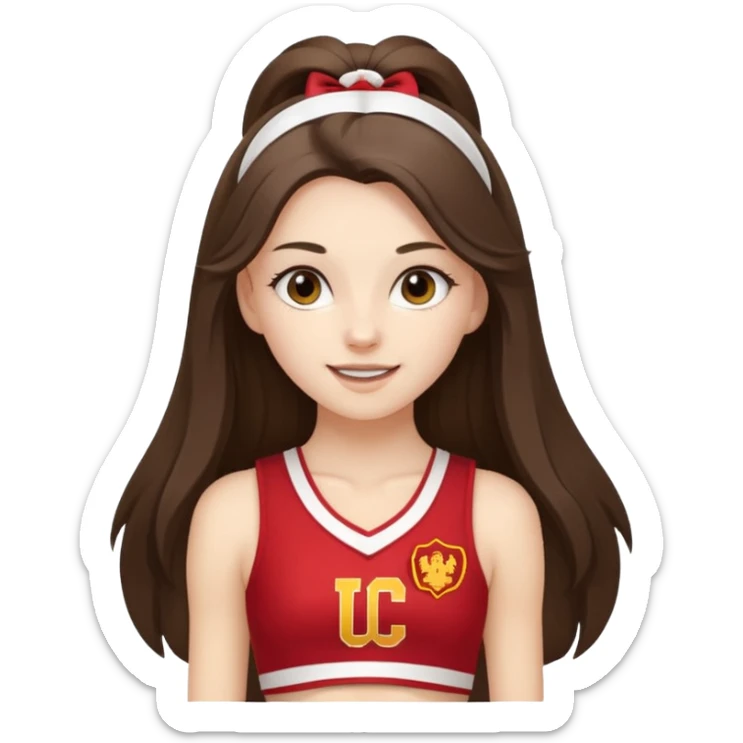 skinny white happy long haired brunette girl in a white USC cheerleader costume sticker