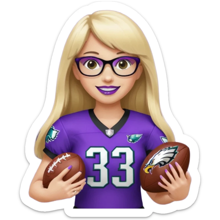 full length women wearing eagles uniform, long blonde hair, blunt bangs, black glasses, holding football, number 33, smiling, purple lipstick sticker