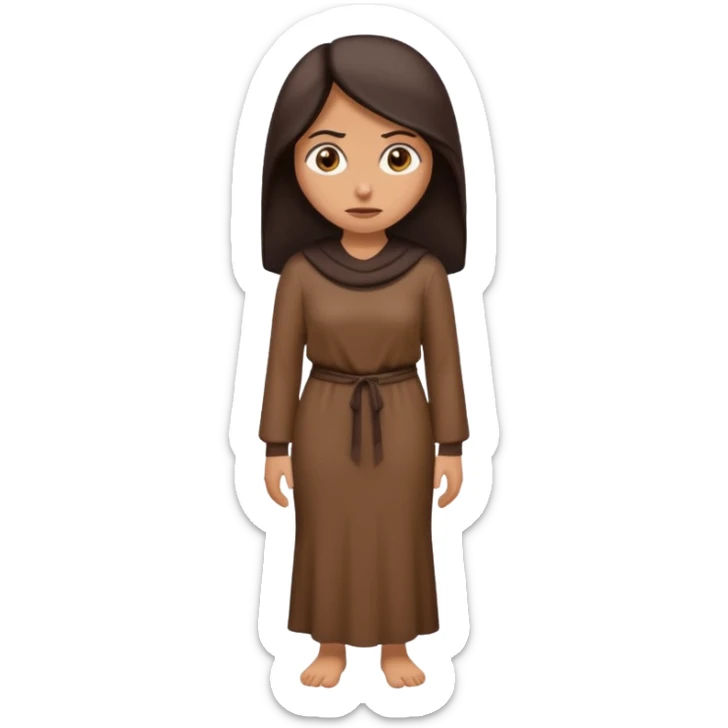 Cartoon emoji of a Middle Eastern-looking woman with long, loose dark hair, wearing chocolate-colored clothes. Full-height, standing, nervous, unsure, worried expression. Slightly hunched, anxious posture. Smooth, simple, stylized. sticker