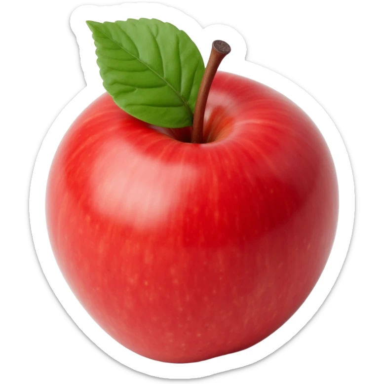 glossy red apple with a leaf, skeuomorphism icon style, realistic shine and depth sticker