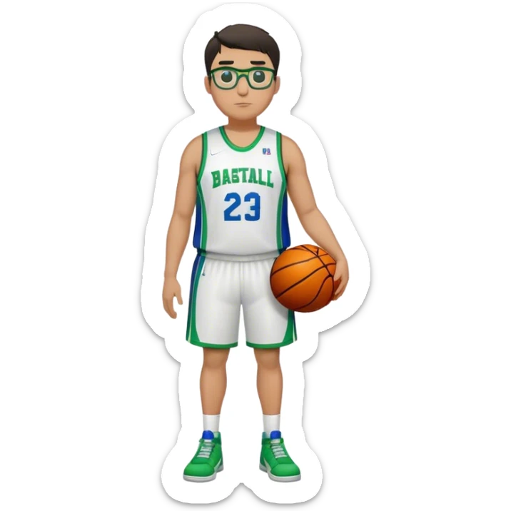 Full Body tall plus size white male with dark short hair basketball player wearing glasses wearing blue green uniform sticker
