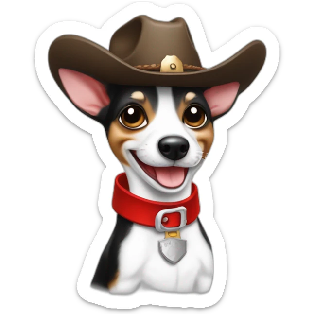 senior rat terrier wearing a cowboy hat and red collar smiling no brown (black and white) thumbs up sticker