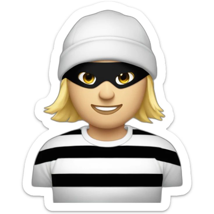 robber with blonde hair wearing a black beanie and a long sleeved white and black horizontally striped t-shirt and wearing black eye mask and a bag of money in his shoulder sticker