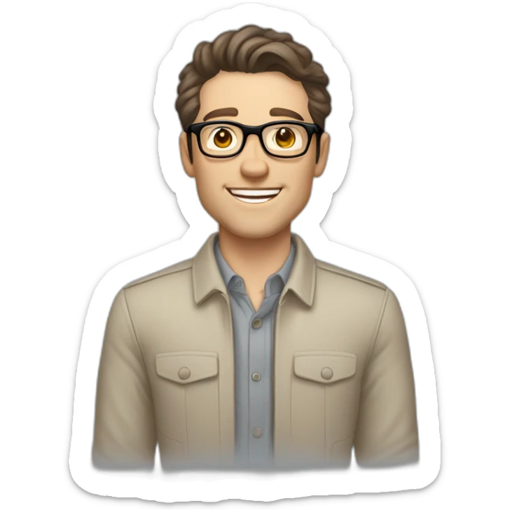 Joyful Pale skinned Fit Man With dark brown hair in gray jacket, beige office shirt, Brown pants and vintage glasses. His thrumbs up sticker