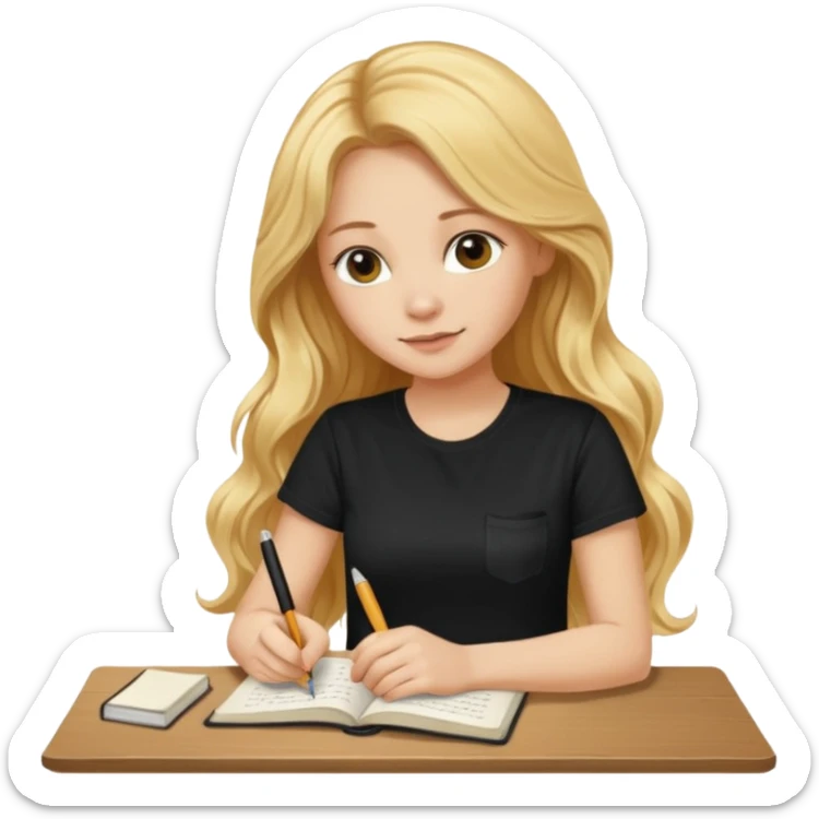 A beautiful blonde with long wavy hair in a black T-shirt sits and writes in a diary with a brown pen without table  sticker