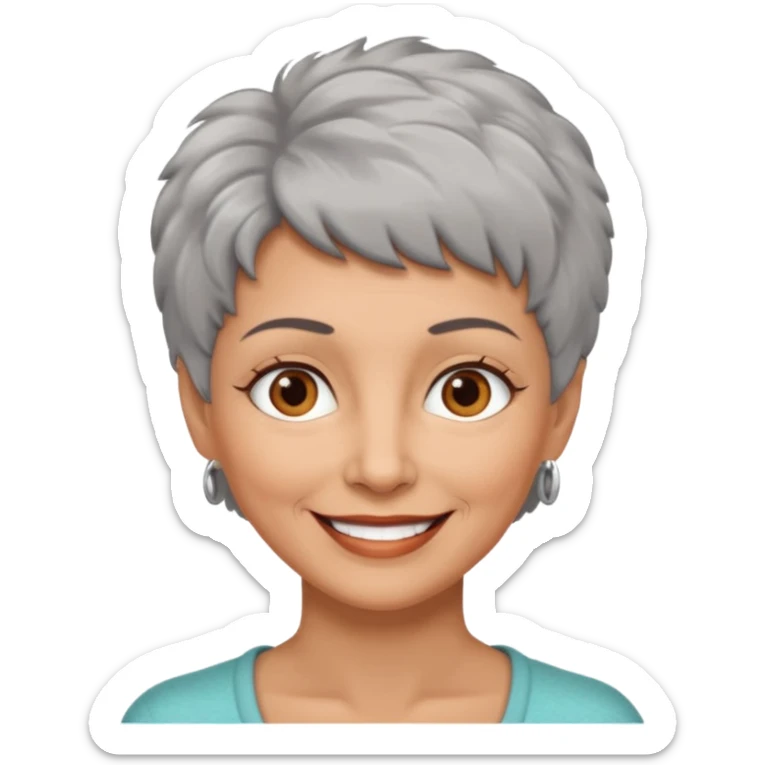 woman 50 years old, very short grey fluffy hair, tannes skin and brown eyes sticker