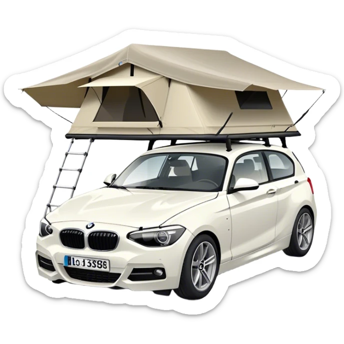 BMW 1 series 3 door in white with bmw roof tent on top sticker