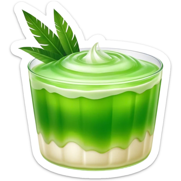 Cinematic Realistic Coconut Pandan Jelly Dessert Emoji, showcasing a delicate, translucent jelly infused with coconut and pandan rendered with lifelike detail and soft, tropical lighting. sticker