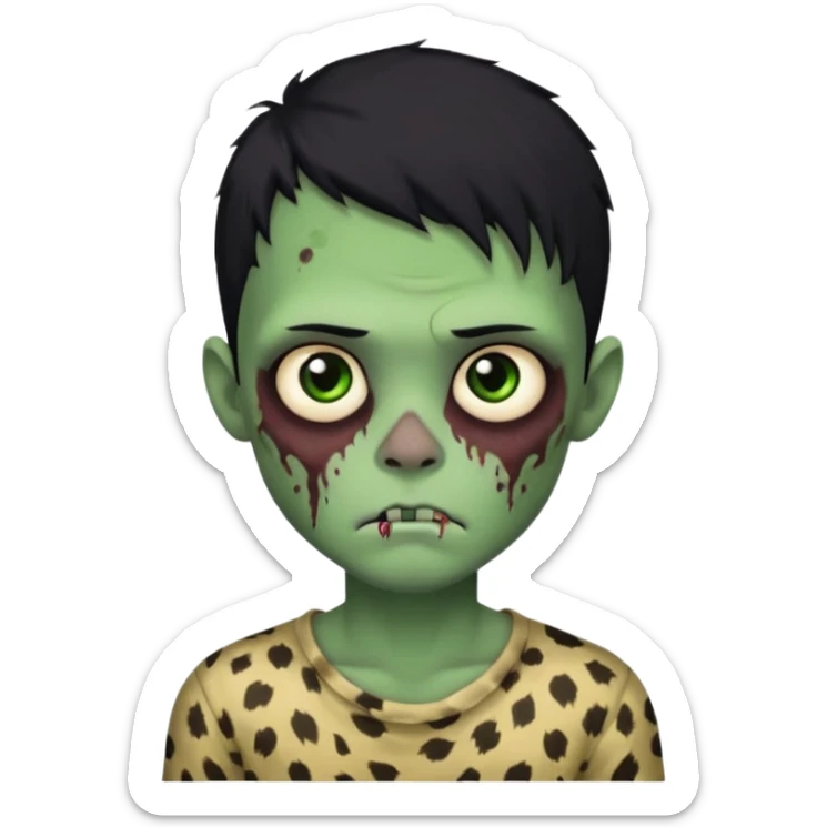 Zombie boy with green skin and sleepy eyes and scars on his face and a shirt that has cheetah texture and black hair sticker