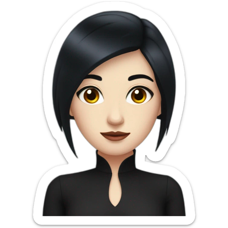 pale woman, long straight black hair, wearing dark night dress, eyes are red sticker