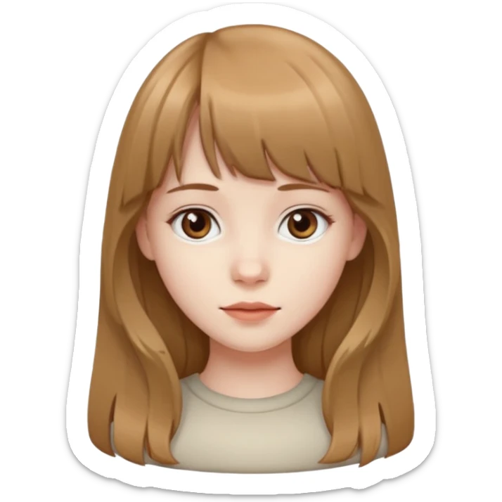 Pale skinned girl with light brown hair and dark brown eyes. She has bangs and her hair is slightly big wavy and long sticker