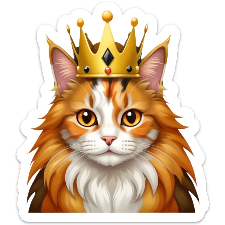 calico maine coon cat with orange, black and white patches wearing a golden crown sticker