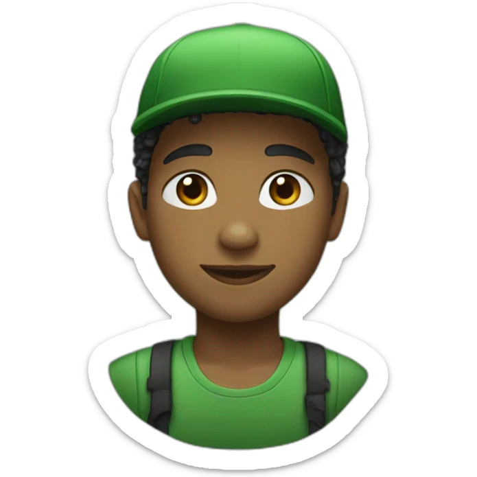A boy wearing a green dress with written in it His hair is black and he's wearing a green cap. sticker