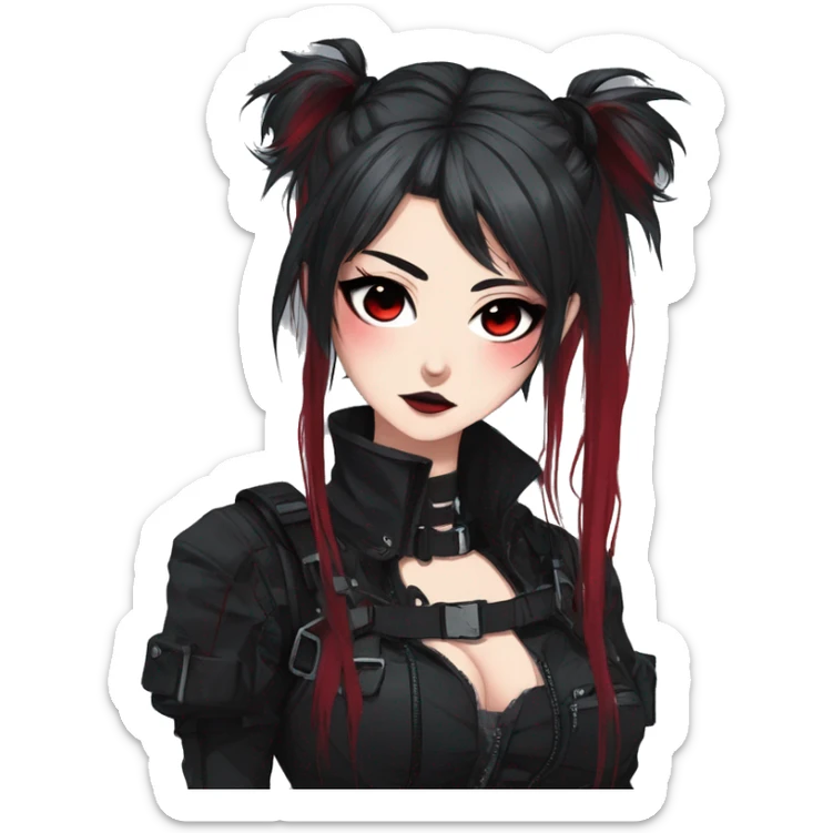Gorgeous gothic dark techwear anime style lady with blushing face aesthetic and pretty edgy black red punk messy ponytail hair with collar and harness trending style sticker
