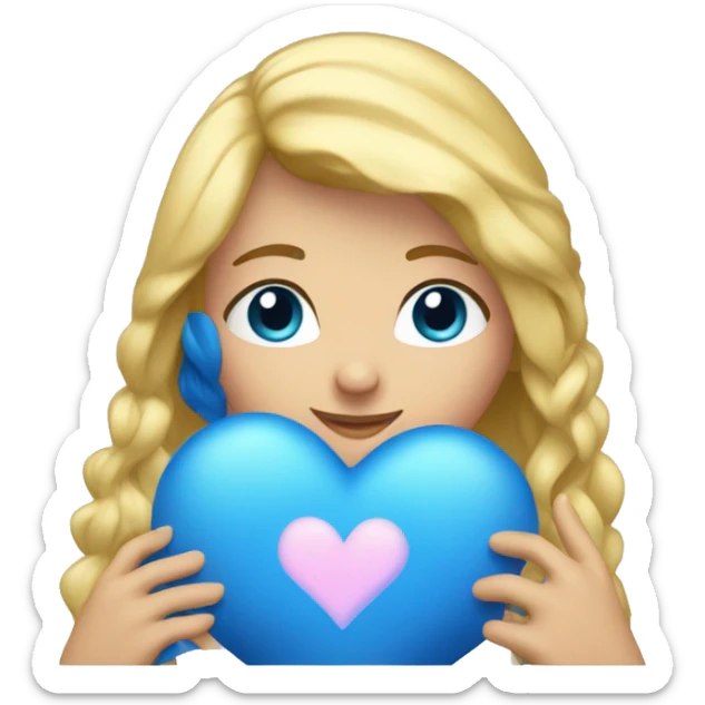 Girl with blonde hair shaping blue heart with her hands sticker