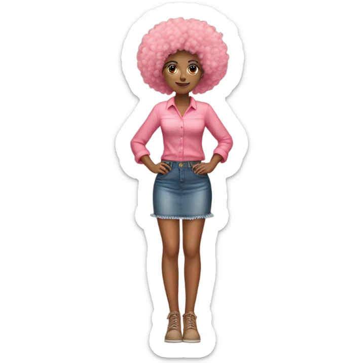 Tan girl with Afro and pink button top and jean skirt full body posing sticker