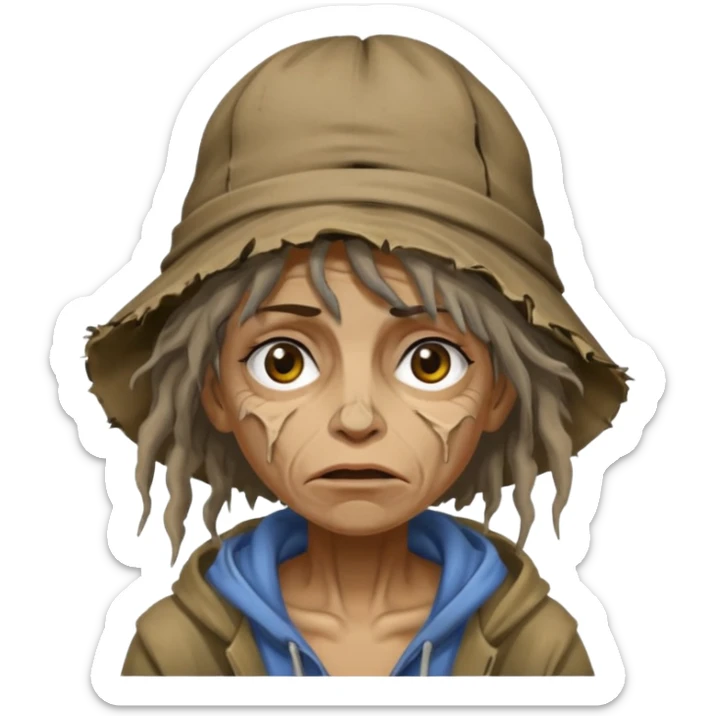 very dirty looking homeless woman with ripped hat and face with ugly hair sticker