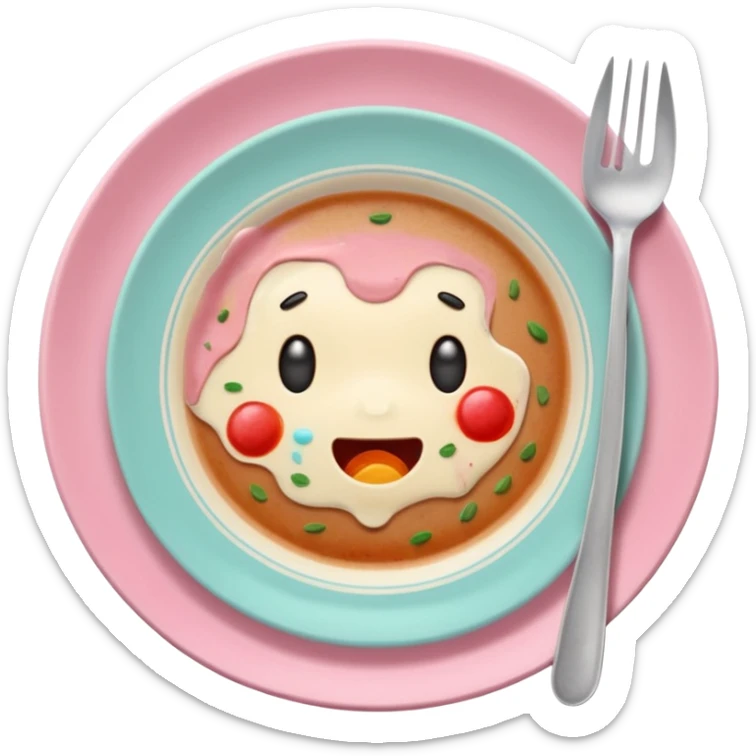 of a dirty plate after eating, leftover food scraps, sauce stains on the plate, small fork and spoon resting on the plate, slightly messy but funny, soft pastel colors, rounded shape, clean background, kawaii style, expressive and playful, high quality, emoji style sticker