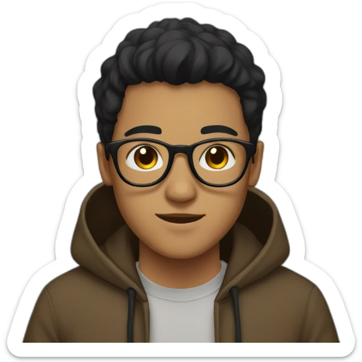 A young man wearing glasses, a brown hoodie, and black hair sticker