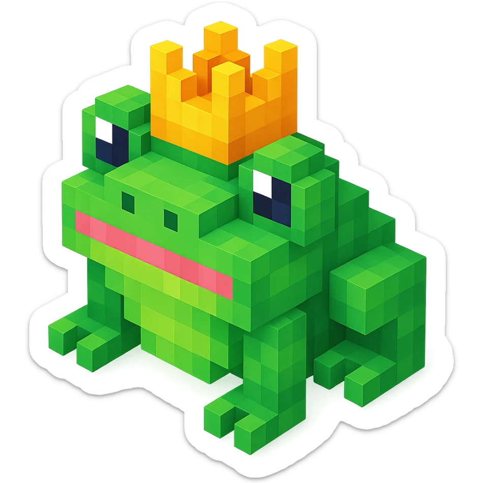 frog made out of blocks wearing a crown voxel style sticker