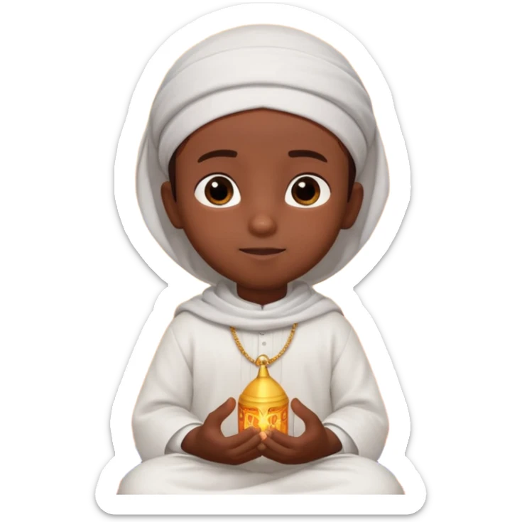 Personnage 3D mignon en style Pixar, un petit garçon portant un qamis blanc et un kufi, tenant un tapis de prière, entouré de lanternes brillantes, fond doux, couleurs chaudes, garçon teint noir sticker