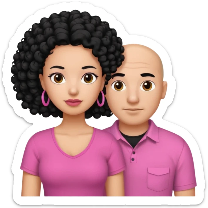 A picture if a couple. the man is a Mexican man with  black hair, a bald hair cut and black shirt on. the woman is mixed with black and white, with curly shoulder length hair and a pink shirt on sticker