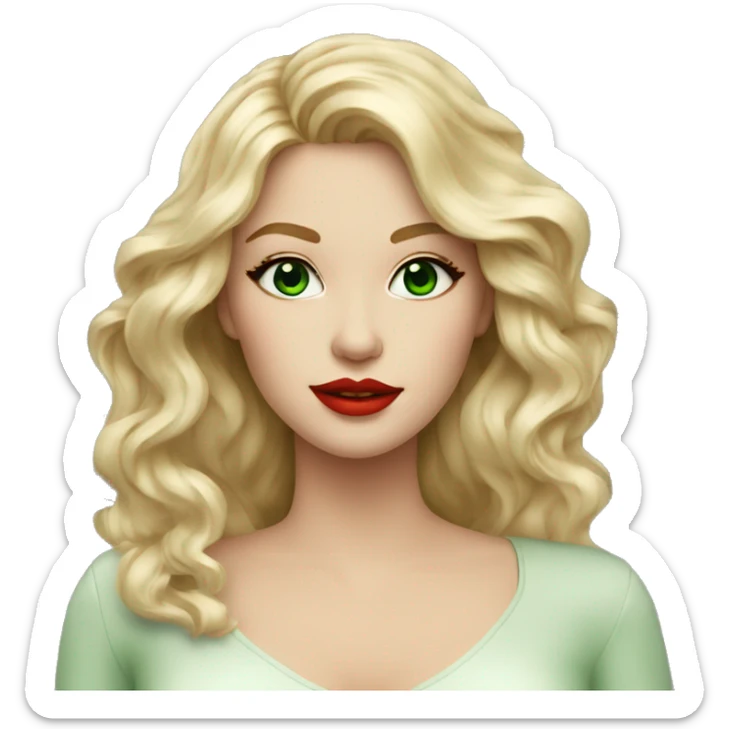 blonde beauty woman wiht green eyes, long wavy hair, red lips, modern outfit sticker