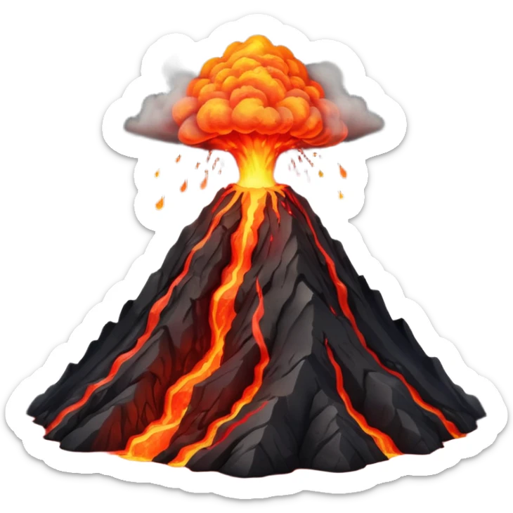 Apple-style 3D emoji of an erupting volcano, dark rocky mountain with a bright red lava flow and glowing orange eruption at the top, some smoke coming out, colorful and cartoonish but realistic enough, no background sticker