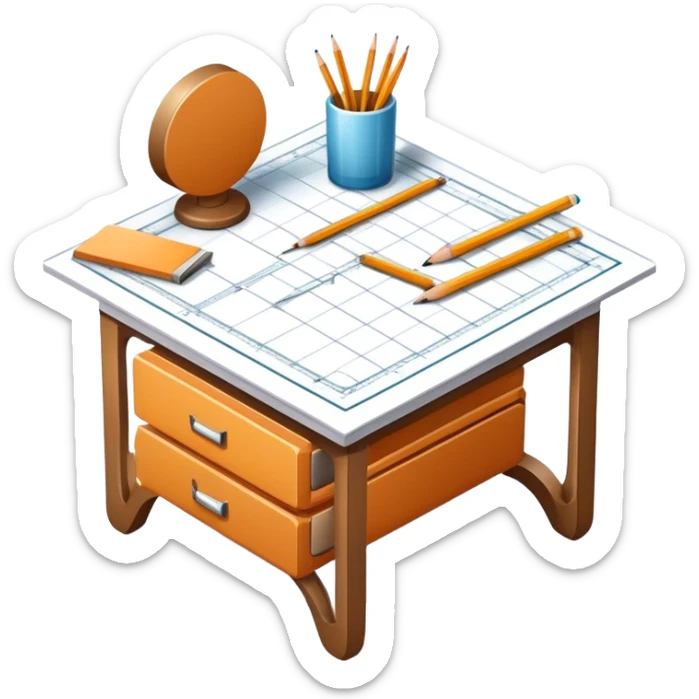 Icon for Furniture Design: a furniture drawing with 3D models of furniture pieces placed on top, accompanied by rulers and a pencil. The icon should represent the design process with focus on precision and modeling. Transparent background. sticker