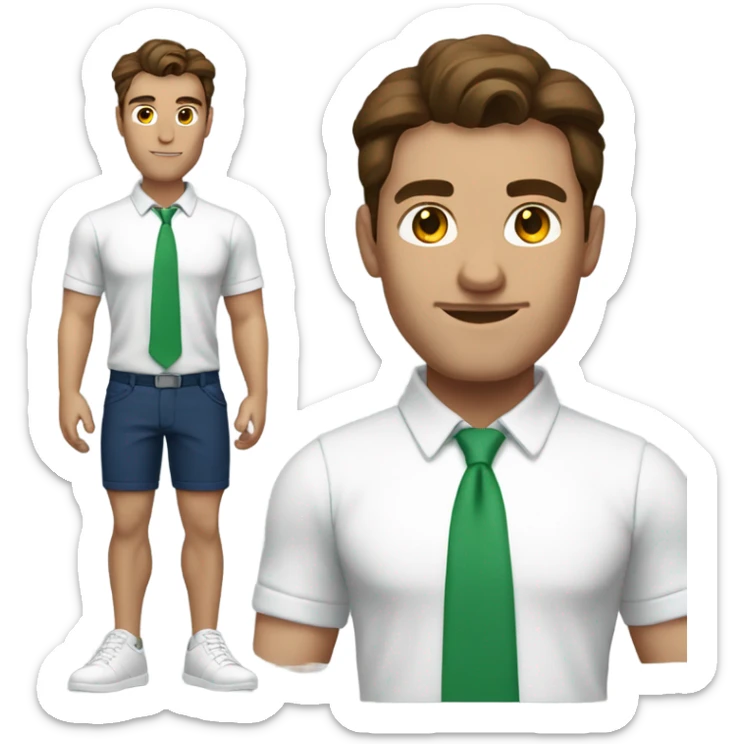 Tall, strong man, brown hair, green shoes, white skin wearing a white blouse and dark blue shorts sticker